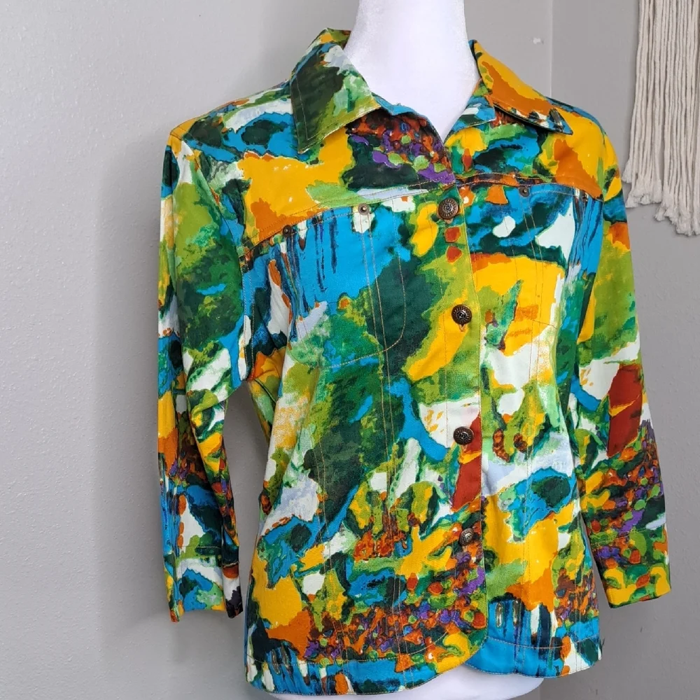 Vintage Women’s Kaktus Art To Wear Cotton Soft Denim Multicolored Jacket Size M - Picture 7 of 14